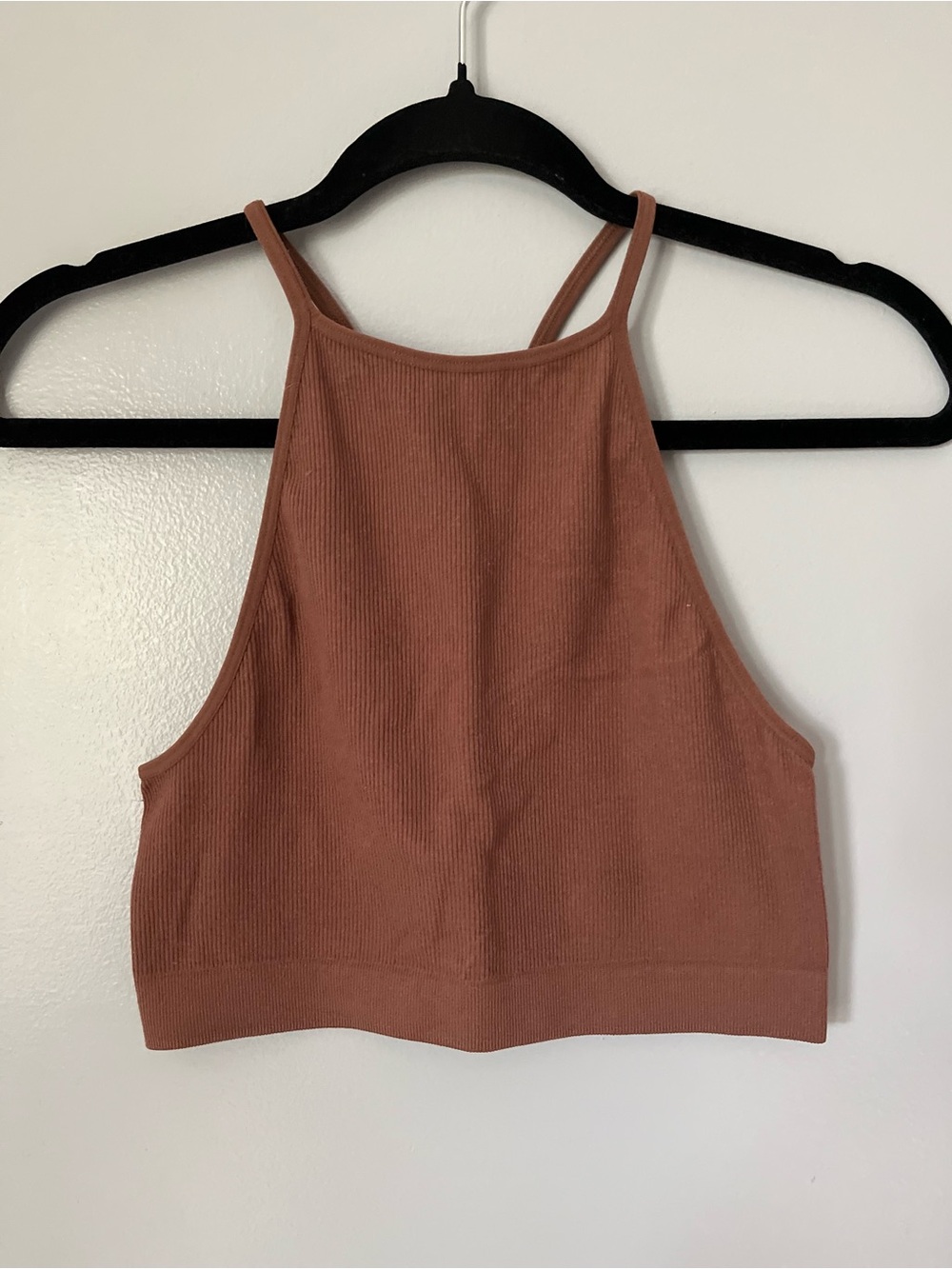 Bozzolo Brown Ribbed High Neck Racerback Crop Tank Top S/M